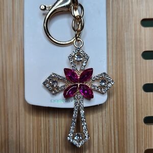 Mint Brand Gold Tone and Pink/Fuchsia Cross Keychain/Bag Charm